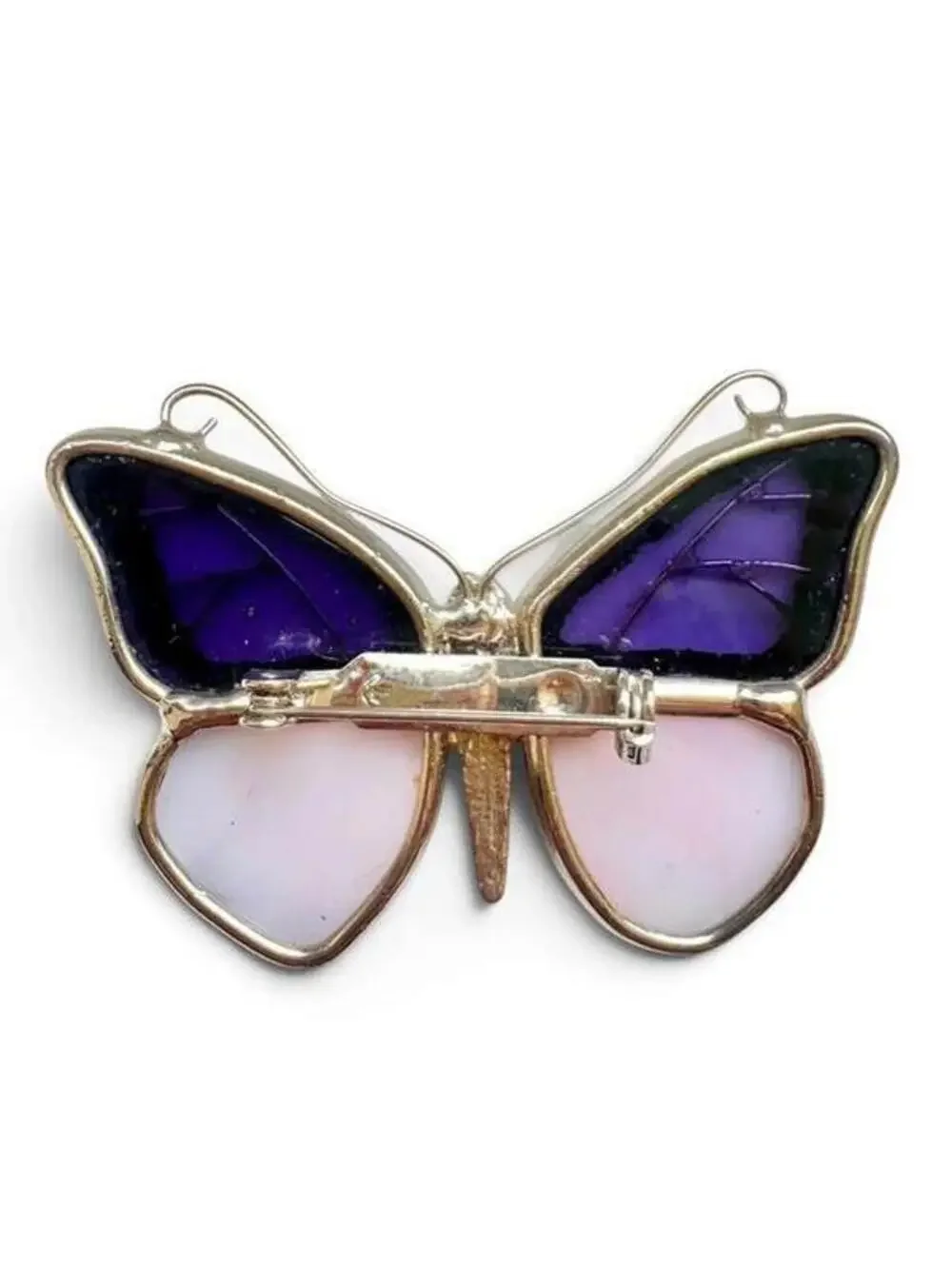 VTG 1980s Stained Glass Look Butterfly Brooch Pin Purple Pink Silver Tone Wing